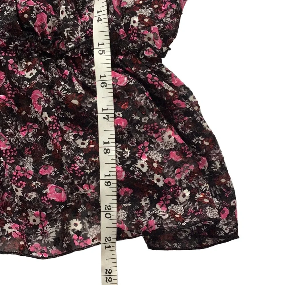 Zara Floral Print Pink Black Ruffle Neck Blouse, size M - Picture 13 of 14